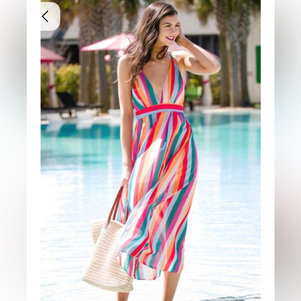 Essue Multicolor Striped Maxi Dress Rainbow‎ Criss Cross Back Lightweight